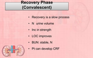 • Recovery is a slow process
• N urine volume
• Inc in strength
• LOC improves
• BUN: stable, N
• Pt can develop CRF
Recovery Phase
(Convalescent)
 