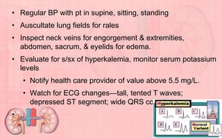 • Regular BP with pt in supine, sitting, standing
• Auscultate lung fields for rales
• Inspect neck veins for engorgement & extremities,
abdomen, sacrum, & eyelids for edema.
• Evaluate for s/sx of hyperkalemia, monitor serum potassium
levels
• Notify health care provider of value above 5.5 mg/L.
• Watch for ECG changes—tall, tented T waves;
depressed ST segment; wide QRS complex.
• .
 
