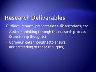 Outlines, reports, presentations, dissertations, etc.
 Assist in thinking through the research process
  (Structuring thoughts)
 Communicate thoughts (to ensure
  understanding of these thoughts)
 