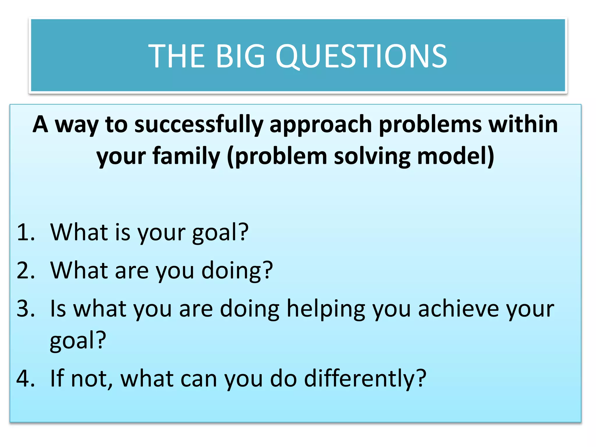 THE BIG QUESTIONS
A way to successfully approach problems within
your family (problem solving model)
1. What is your goal?
2. What are you doing?
3. Is what you are doing helping you achieve your
goal?
4. If not, what can you do differently?
 