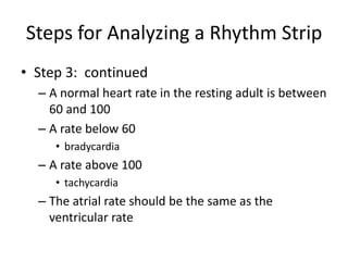Steps for Analyzing a Rhythm Strip
• Step 3: continued
  – A normal heart rate in the resting adult is between
    60 and 100
  – A rate below 60
     • bradycardia
  – A rate above 100
     • tachycardia
  – The atrial rate should be the same as the
    ventricular rate
 