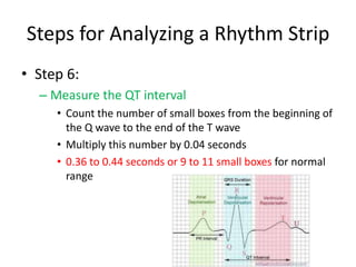 Steps for Analyzing a Rhythm Strip
• Step 6:
  – Measure the QT interval
     • Count the number of small boxes from the beginning of
       the Q wave to the end of the T wave
     • Multiply this number by 0.04 seconds
     • 0.36 to 0.44 seconds or 9 to 11 small boxes for normal
       range
 