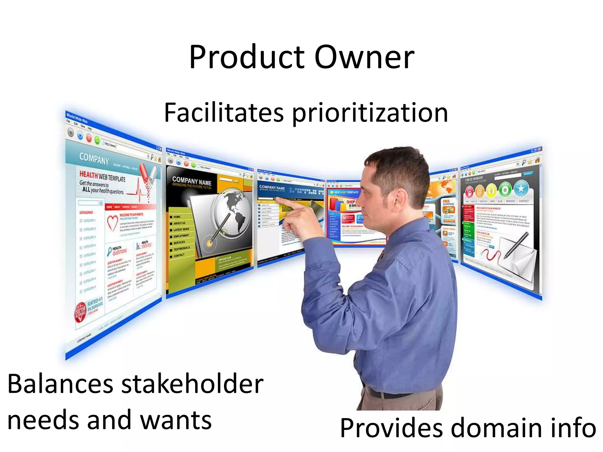 Product Owner
            Facilitates prioritization




Balances stakeholder
needs and wants            Provides domain info
 