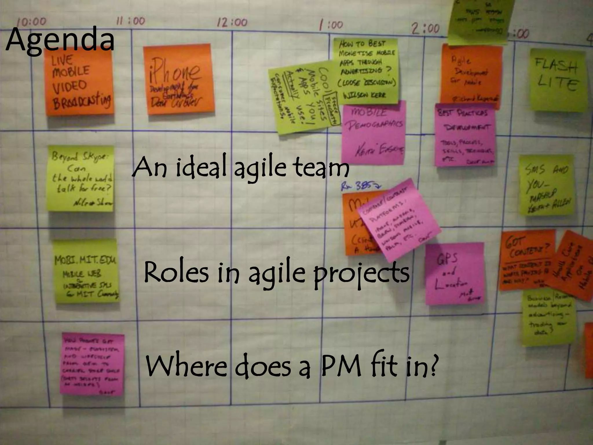 Agenda


         An ideal agile team


         Roles in agile projects


          Where does a PM fit in?
 
