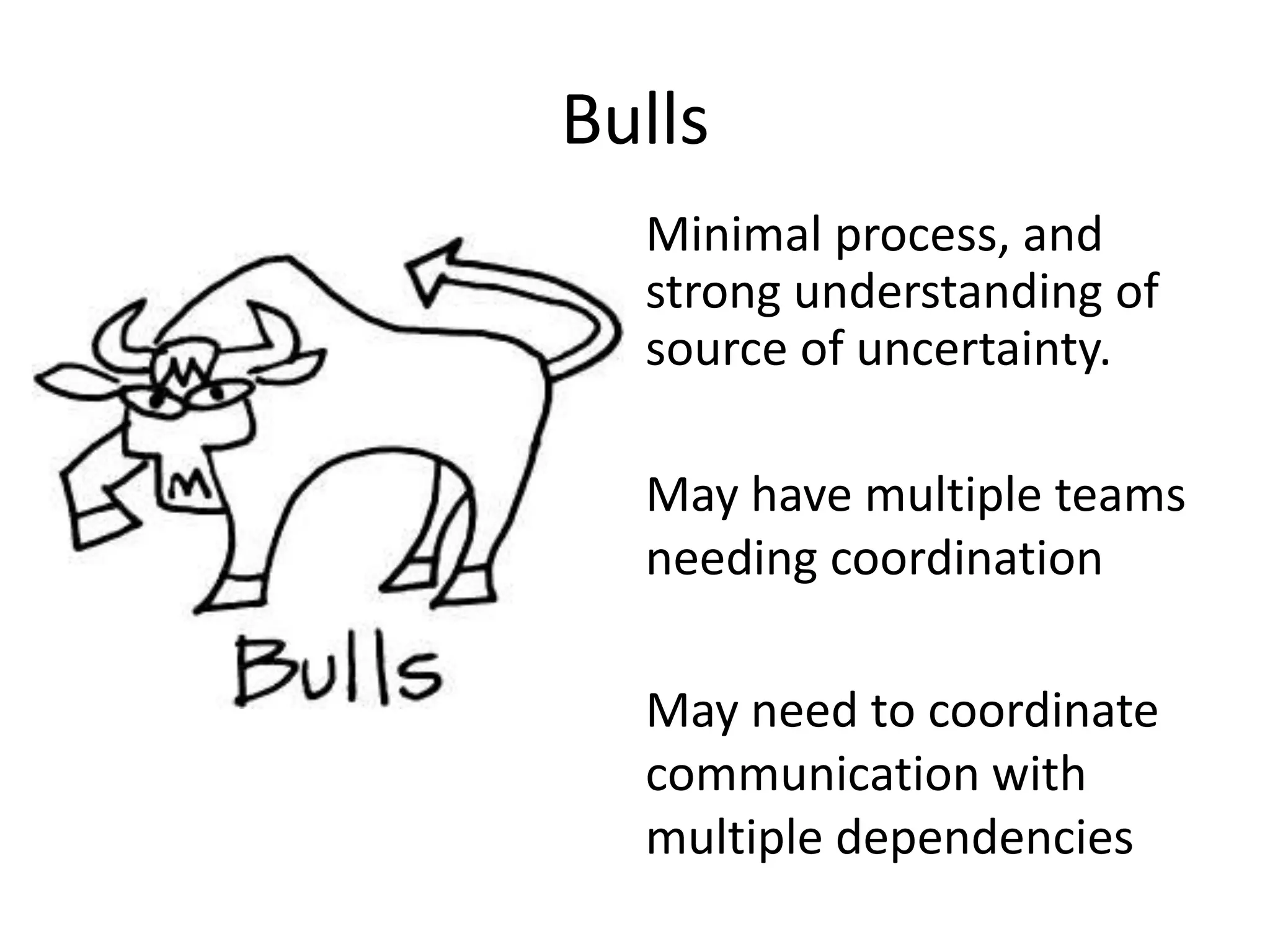 Bulls
  Minimal process, and
  strong understanding of
  source of uncertainty.

  May have multiple teams
  needing coordination

  May need to coordinate
  communication with
  multiple dependencies
 