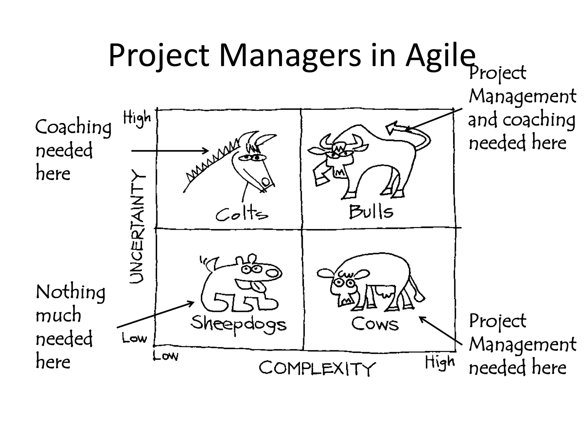 Project Managers in AgileProject
                                     Management
Coaching                             and coaching
needed                               needed here
here




Nothing
much                                 Project
needed                               Management
here                                 needed here
 