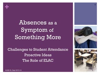 +

16

Absences as a
Symptom of
Something More
Challenges to Student Attendance
Proactive Ideas
The Role of ELAC
HUSD EL Dept 2013-14

 