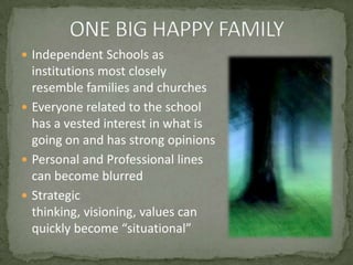 ONE BIG HAPPY FAMILYIndependent Schools as institutions most closely resemble families and churchesEveryone related to the school has a vested interest in what is going on and has strong opinionsPersonal and Professional lines can become blurredStrategic thinking, visioning, values can quickly become “situational”