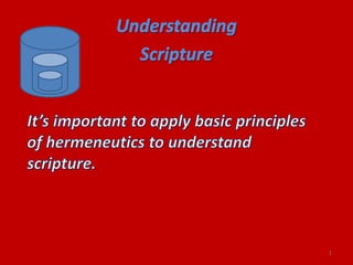 Understanding  Scripture It’s important to apply basic principles of hermeneutics to understand scripture. 1 