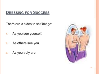DRESSING FOR SUCCESS
There are 3 sides to self image:
1. As you see yourself.
2. As others see you.
3. As you truly are.
 