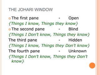 THE JOHARI WINDOW
 The first pane - Open
{Things I know, Things they know}
 The second pane - Blind
{Things I Don’t know, Things they know}
The third pane - Hidden
{Things I know, Things they Don’t know}
The fourth pane - Unknown
{Things I Don’t know, Things they Don’t
know}
 