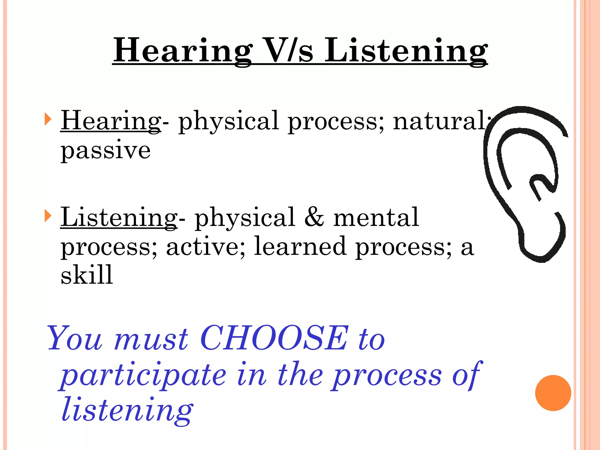 Hearing - physical process; natural; passive Listening - physical & mental process; active; learned process; a skill You must CHOOSE to participate in the process of listening Hearing V/s Listening 