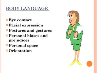 BODY LANGUAGE  Eye contact Facial expression  Postures and gestures  Personal biases and prejudices  Personal space  Orientation 