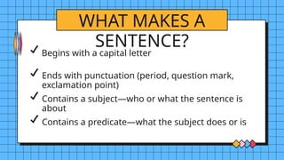 WHAT MAKES A
SENTENCE?
Ends with punctuation (period, question mark,
exclamation point)
Contains a subject—who or what the sentence is
about
Begins with a capital letter
Contains a predicate—what the subject does or is
 