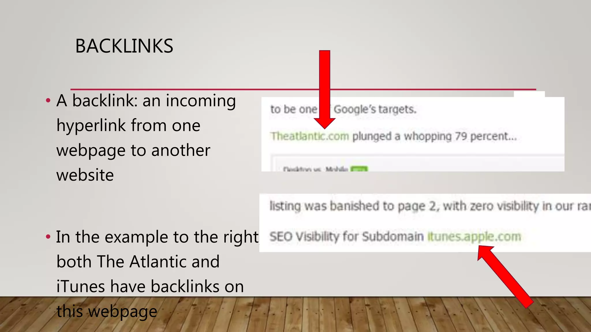 BACKLINKS
• A backlink: an incoming
hyperlink from one
webpage to another
website
• In the example to the right,
both The Atlantic and
iTunes have backlinks on
this webpage
 