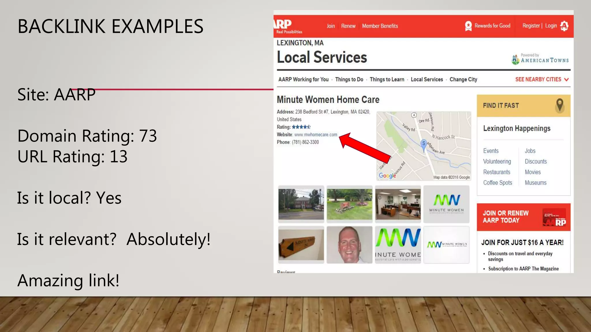 BACKLINK EXAMPLES
Site: AARP
Domain Rating: 73
URL Rating: 13
Is it local? Yes
Is it relevant? Absolutely!
Amazing link!
 