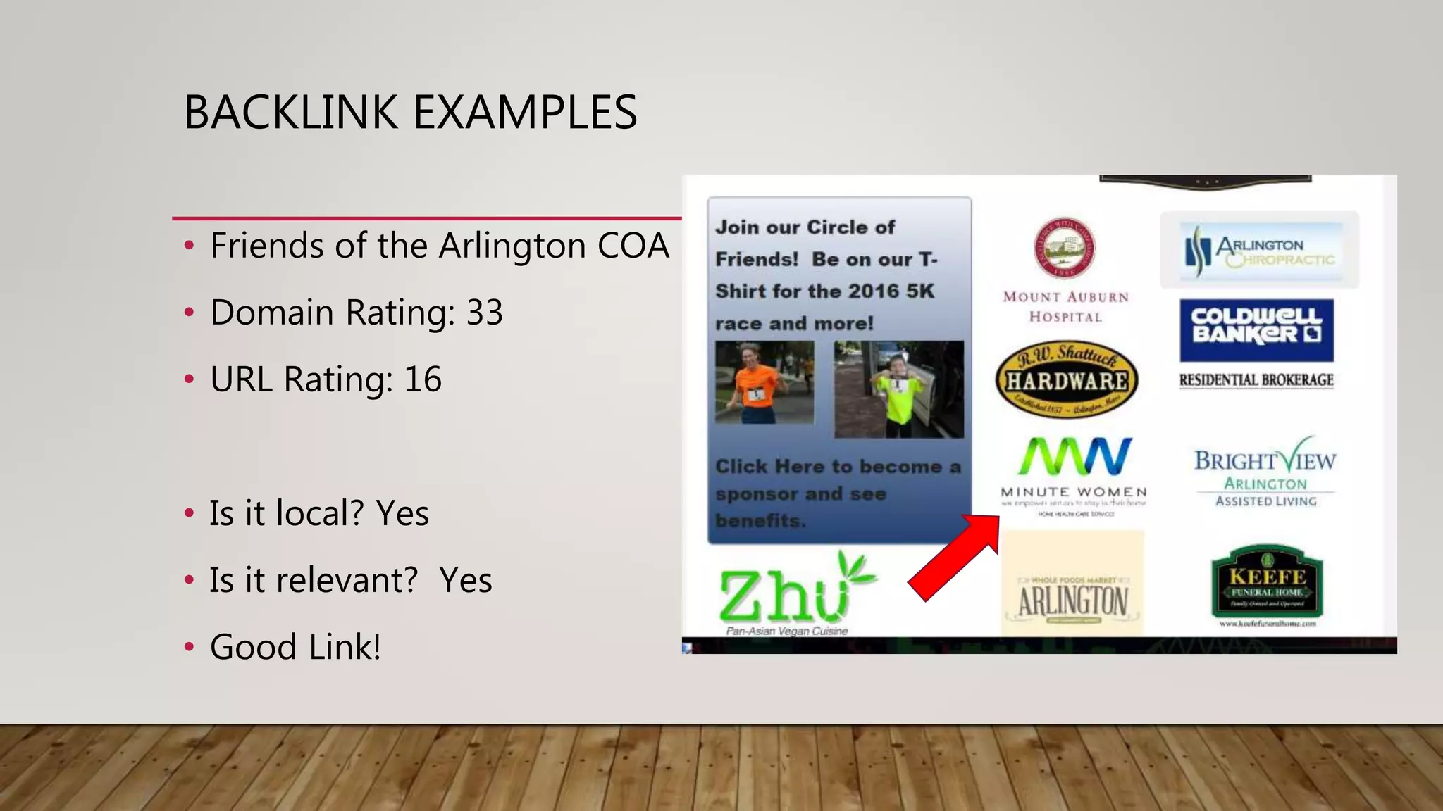 BACKLINK EXAMPLES
• Friends of the Arlington COA
• Domain Rating: 33
• URL Rating: 16
• Is it local? Yes
• Is it relevant? Yes
• Good Link!
 