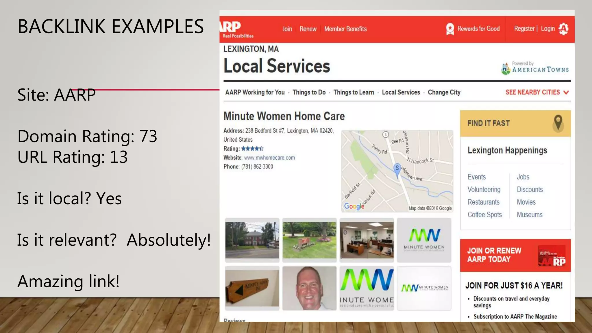 BACKLINK EXAMPLES
Site: AARP
Domain Rating: 73
URL Rating: 13
Is it local? Yes
Is it relevant? Absolutely!
Amazing link!
 