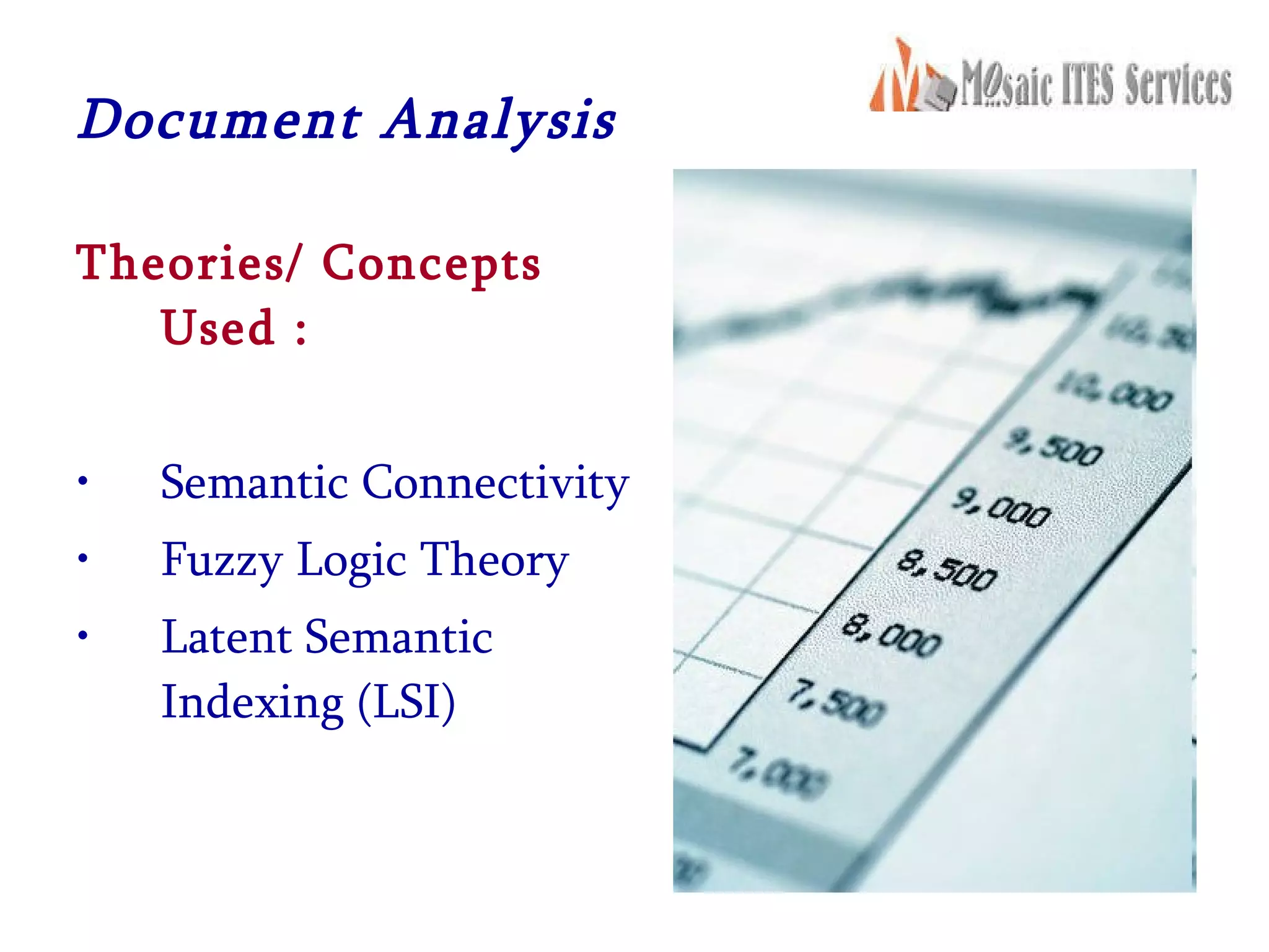 Document Analysis Theories/ Concepts Used : Semantic Connectivity Fuzzy Logic Theory Latent Semantic Indexing (LSI) 