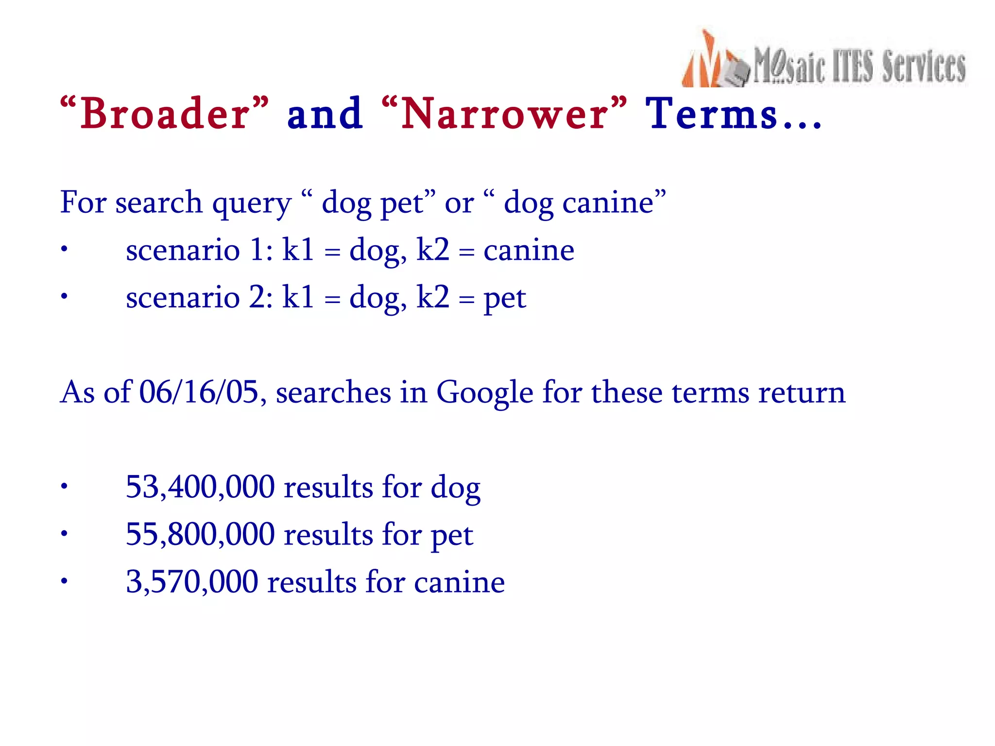 “ Broader”  and  “Narrower”  Terms… For search query “ dog pet” or “ dog canine” scenario 1: k1 = dog, k2 = canine  scenario 2: k1 = dog, k2 = pet  As of 06/16/05, searches in Google for these terms return  53,400,000 results for dog  55,800,000 results for pet  3,570,000 results for canine  