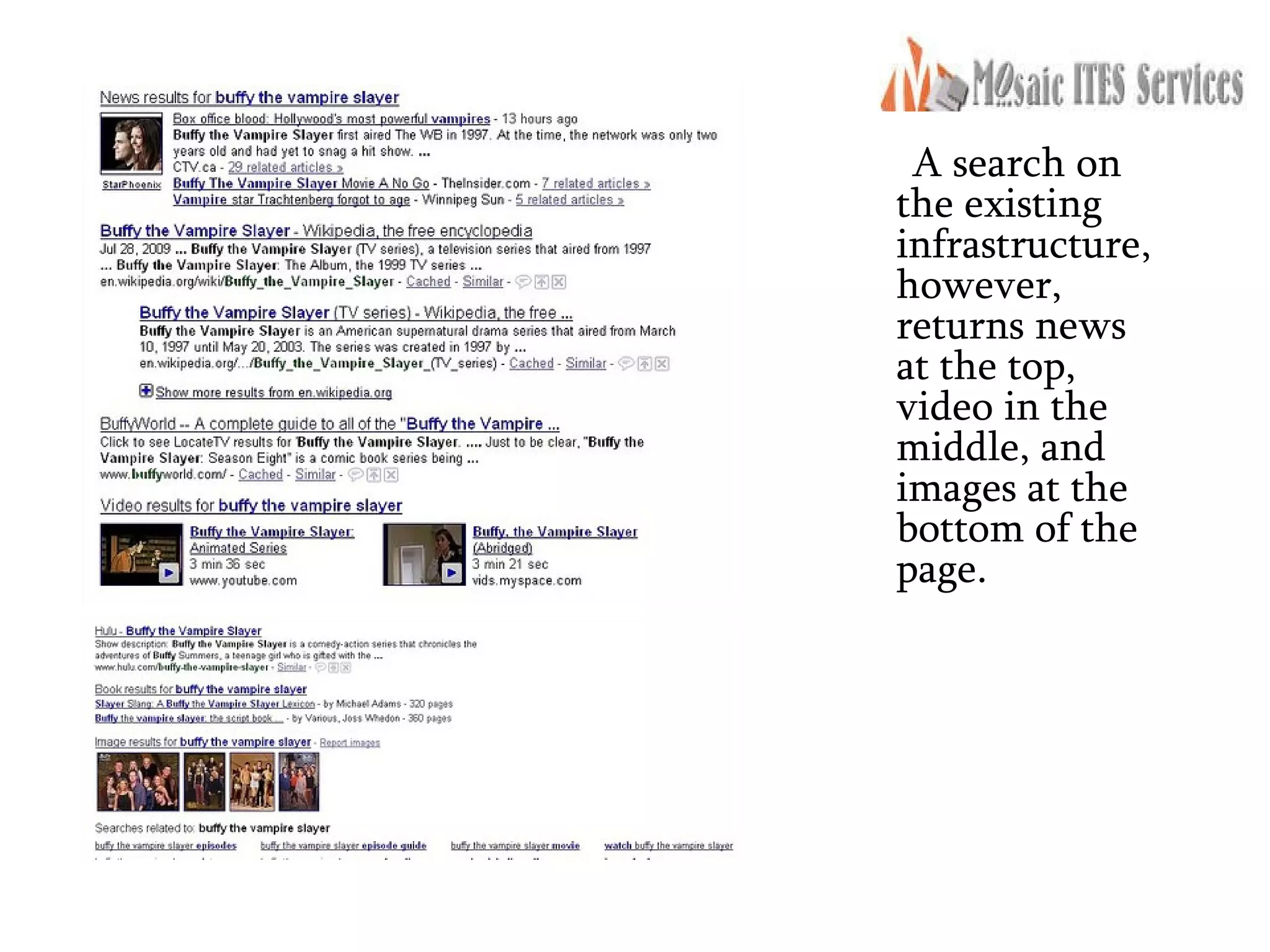 A search on the existing infrastructure, however, returns news at the top, video in the middle, and images at the bottom of the page.  