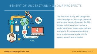 BENEFIT OF UNDERSTANDING YOUR PROSPECTS
The first step to any well thought out
SEO campaign is a thorough question
and answer session between the SEO
Company India and you to clearly
understand your hopes, expectations
and goals. This conversation is the
time to discuss and explain to the
agency your dream prospect.
in fo@ran kbydigitalseo.com  www.rankbydigitalseo.com
 