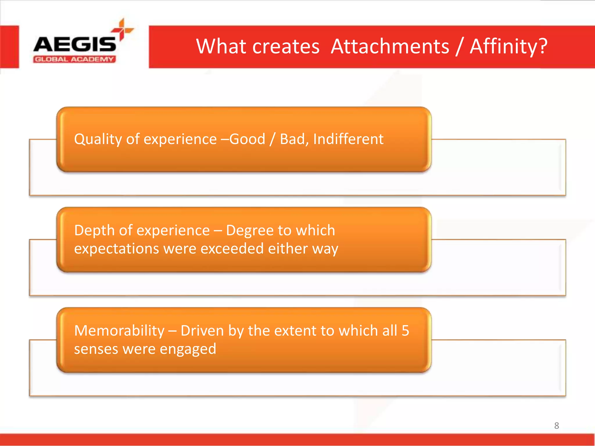 What creates Attachments / Affinity?
Quality of experience –Good / Bad, Indifferent
Depth of experience – Degree to which
expectations were exceeded either way
Memorability – Driven by the extent to which all 5
senses were engaged
8
 