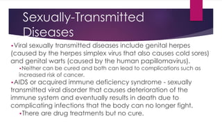 Sexually-Transmitted 
Diseases 
•Viral sexually transmitted diseases include genital herpes 
(caused by the herpes simplex virus that also causes cold sores) 
and genital warts (caused by the human papillomavirus). 
•Neither can be cured and both can lead to complications such as 
increased risk of cancer. 
•AIDS or acquired immune deficiency syndrome - sexually 
transmitted viral disorder that causes deterioration of the 
immune system and eventually results in death due to 
complicating infections that the body can no longer fight. 
•There are drug treatments but no cure. 
 
