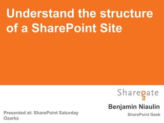 Understand the structure
 of a SharePoint Site




                                    Benjamin Niaulin
Presented at: SharePoint Saturday        SharePoint Geek
Ozarks
 