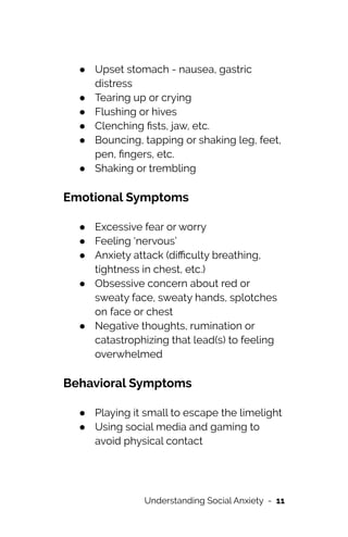 ● Upset stomach - nausea, gastric
distress


● Tearing up or crying


● Flushing or hives


● Clenching
fi
sts, jaw, etc.


● Bouncing, tapping or shaking leg, feet,
pen,
fi
ngers, etc.


● Shaking or trembling




Emotional Symptoms


● Excessive fear or worry


● Feeling ‘nervous’


● Anxiety attack (di
ffi
culty breathing,
tightness in chest, etc.)


● Obsessive concern about red or
sweaty face, sweaty hands, splotches
on face or chest


● Negative thoughts, rumination or
catastrophizing that lead(s) to feeling
overwhelmed




Behavioral Symptoms


● Playing it small to escape the limelight


● Using social media and gaming to
avoid physical contact


Understanding Social Anxiety - 11
 