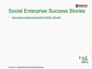 SummaryAccountable to their membersandstakeholdersUsetrade to achieve Social Aims (e.g. job creation, training, capacity building, address social exclusion) Doubleor Triple Bottom LineAccountingProvide goods or services in response to community needProfits (surpluses) are reinvested in the enterprise / communityto enable the achievement of Social AimsOperate as businesses to ensure long term viability and sustainability