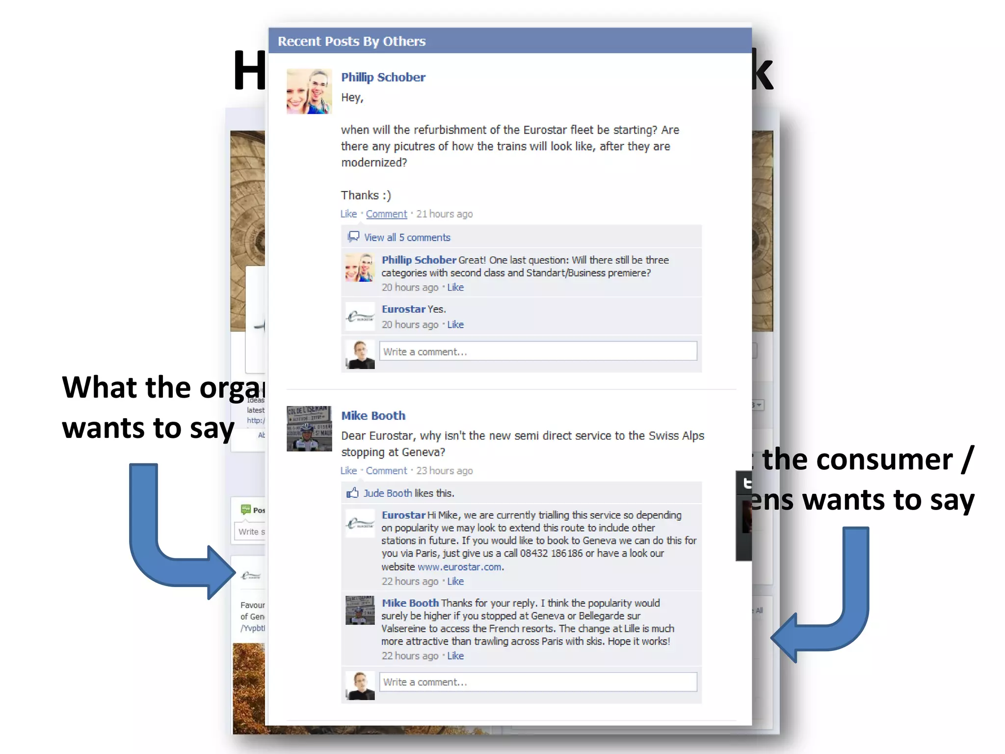 How to use Facebook




What the organisation
wants to say
                          What the consumer /
                          citizens wants to say
 