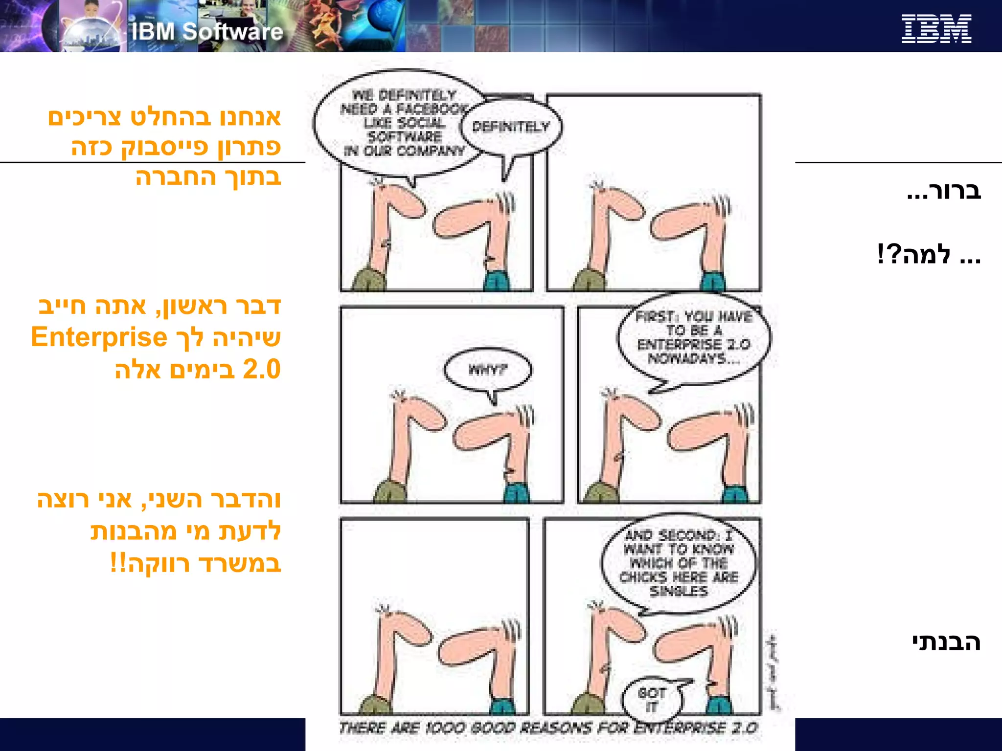 אנחנו בהחלט צריכים פתרון פייסבוק כזה בתוך החברה דבר ראשון ,  אתה חייב שיהיה לך   Enterprise 2.0  בימים אלה והדבר השני ,  אני רוצה לדעת מי מהבנות במשרד רווקה !! ברור ... ...  למה ?! הבנתי 