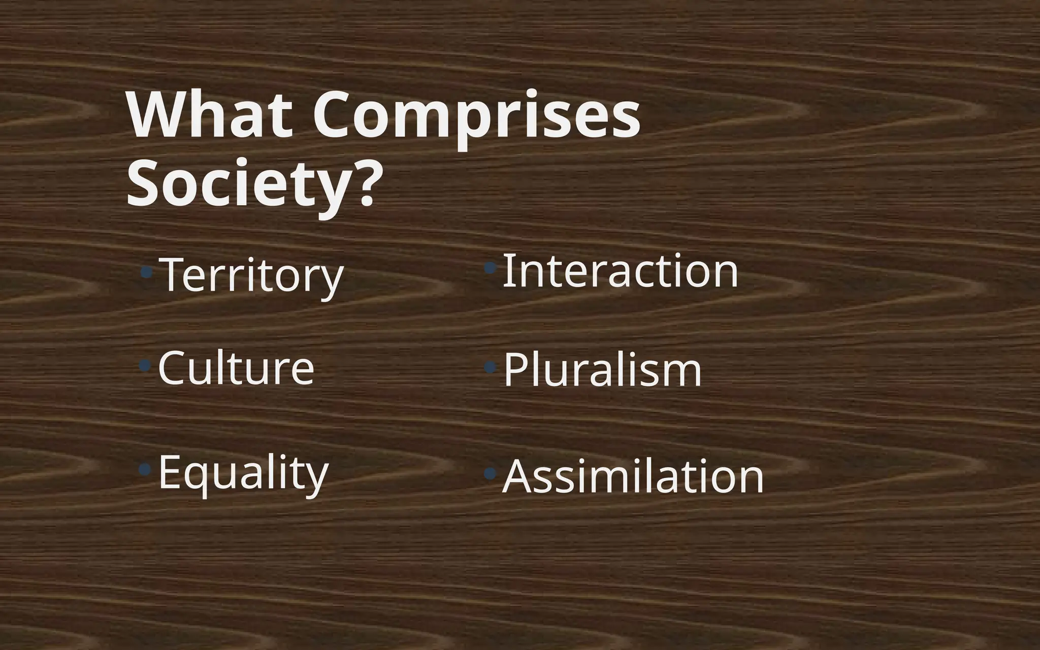 What Comprises
Society?
●
Territory
●
Culture
●
Equality
●
Interaction
●
Pluralism
●
Assimilation
 
