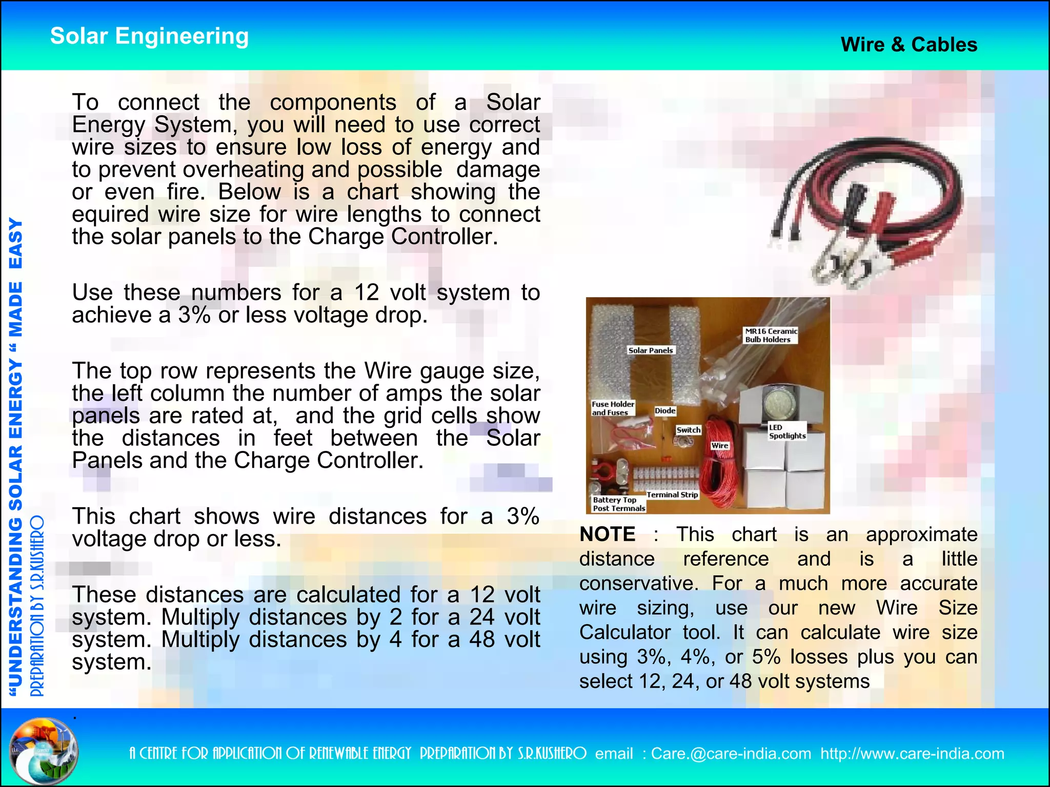 Solar Engineering                                                                                           Wire & Cables

                                                     To connect the components of a Solar
                                                     Energy System, you will need to use correct
                                                     wire sizes to ensure low loss of energy and
                                                     to prevent overheating and possible damage
                                                     or even fire Below is a chart showing the
                                                               fire.
                                                     equired wire size for wire lengths to connect
                                   RGY “ MAD EASY




                                                     the solar panels to the Charge Controller.
                                           DE




                                                     Use these numbers for a 12 volt system to
                                                     achieve a 3% or less voltage drop.

                                                     The top row represents the Wire gauge size,
                                                     the left column the number of amps the solar
                           OLAR ENER




                                                     panels are rated at, and the grid cells show
                                                     the distances in feet between the Solar
                                                     Panels and the Charge Controller.
              ANDING SO




                                                     This chart shows wire distances for a 3%
preparation by s.r.kushero




                                                     voltage drop or less.                                                NOTE : This chart is an approximate
                                                                                                                          distance reference and is a little
                                                                                                                          conservative. For a much more accurate
“UNDERSTA




                                                     These distances are calc lated for a 12 volt
                                                                           calculated          olt
                                                     system. Multiply distances by 2 for a 24 volt                        wire sizing, use our new Wire Size
                                                     system. Multiply distances by 4 for a 48 volt                        Calculator tool. It can calculate wire size
                                                     system.                                                              using 3%, 4%, or 5% losses plus you can
                                                                                                                          select 12, 24, or 48 volt systems
                                                                                                                                   , ,               y
“




                                                     .
                                                          a centre for application of renewable energy preparation by s.r.kushero email : Care.@care-india.com http://www.care-india.com
 