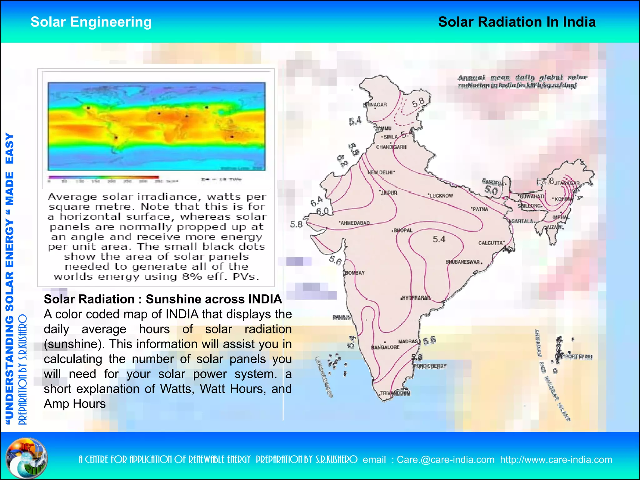Solar Engineering                                                                          Solar Radiation In India
                                   RGY “ MAD EASY
                           OLAR ENER       DE




                                                     Solar Radiation : Sunshine across INDIA
              ANDING SO




                                                     A color coded map of INDIA that displays the
preparation by s.r.kushero




                                                     daily average hours of solar radiation
                                                     (sunshine). This information will assist you in
                                                     calculating the number of solar panels you
“UNDERSTA




                                                     will need for your solar power system. a
                                                     short explanation of Watts, Watt Hours, and
                                                     Amp Hours
“




                                                           a centre for application of renewable energy preparation by s.r.kushero email : Care.@care-india.com http://www.care-india.com
 