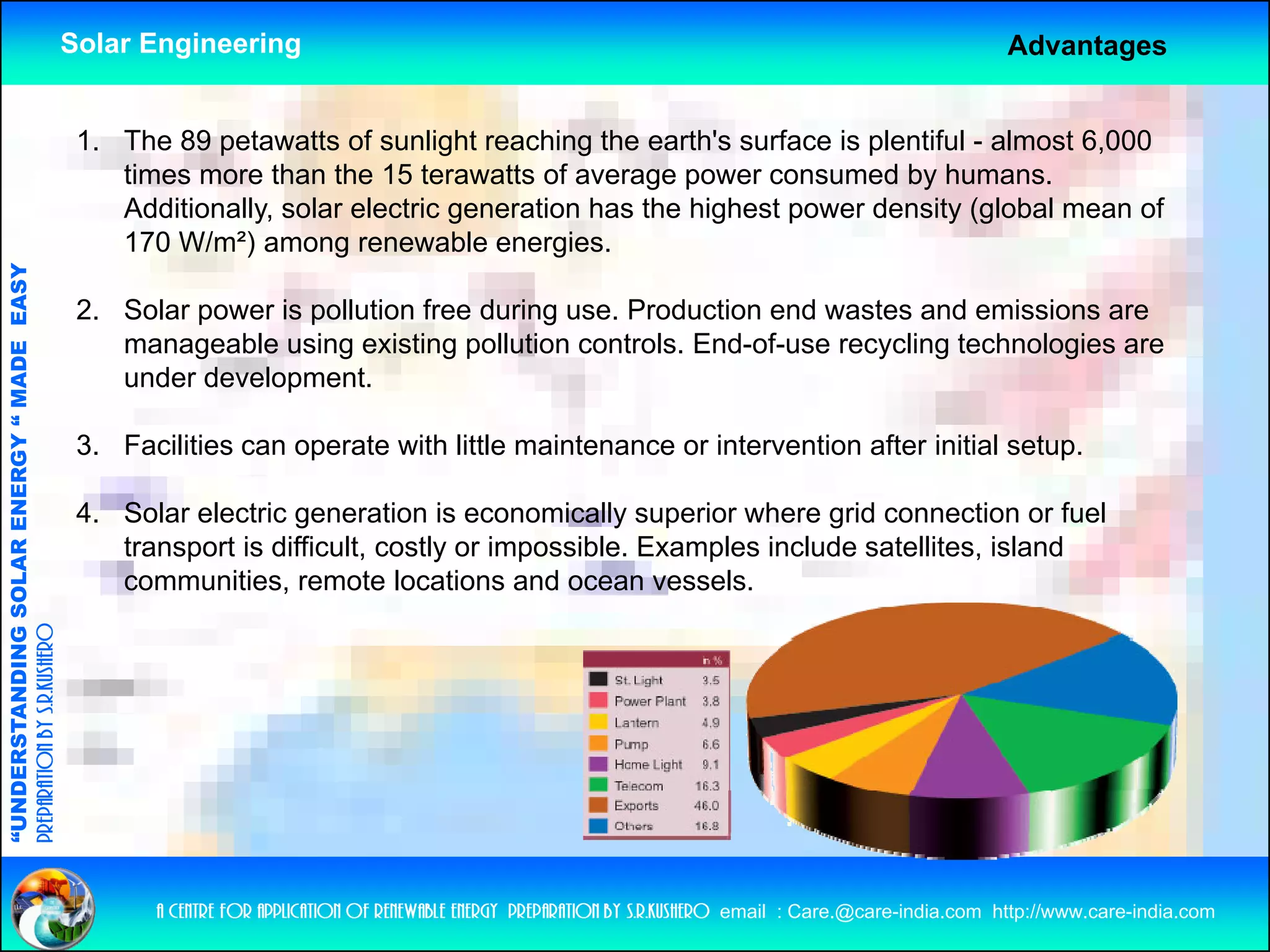 Solar Engineering                                                                                           Advantages


                                                     1. The 89 petawatts of sunlight reaching the earth's surface is plentiful - almost 6,000
                                                        times more than the 15 terawatts of average power consumed by humans.
                                                        Additionally, solar electric generation has the highest power density (global mean of
                                                        170 W/m²) among renewable energies
                                                                                        energies.
                                   RGY “ MAD EASY




                                                     2. Solar power is pollution free during use. Production end wastes and emissions are
                                                        manageable using existing p
                                                              g          g         g pollution controls. End-of-use recycling technologies are
                                                                                                                       y    g         g
                                           DE




                                                        under development.

                                                     3. Facilities can operate with little maintenance or intervention after initial setup.
                           OLAR ENER




                                                     4. Solar electric generation is economically superior where grid connection or fuel
                                                        transport is difficult, costly or impossible. Examples include satellites, island
                                                        communities, remote locations and ocean vessels.
              ANDING SO
preparation by s.r.kushero
“UNDERSTA
“




                                                           a centre for application of renewable energy preparation by s.r.kushero email : Care.@care-india.com http://www.care-india.com
 