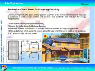 Solar Engineering                                                                                                   Manual

                                                       The Basics f Solar Power f P d i
                                                       Th B i of S l P          for Producing El t i it
                                                                                              Electricity

                                                      Understanding Parts of a Solar Energy System Overview of the individual components required
                                                      to assemble a solar power system and produce free electricity from the sun for energy
                                                                            p        y          p                     y                        gy
                                                      independence.
                                   RGY “ MAD EASY




                                                      1.Solar Panels which generate the electricity,
                                                      2.Charge Controller to control battery charging,
                                           DE




                                                      3.the Power Inverter that makes 220 volts AC from the batteries to run your appliances,
                                                      4.Storage batteries which store the excess power for use when the sun is weak or not available,
                                                      5. AC generators for back-up power.
              ANDING SO    OLAR ENER
preparation by s.r.kushero
“UNDERSTA
“




                                                          a centre for application of renewable energy preparation by s.r.kushero email : Care.@care-india.com http://www.care-india.com
 
