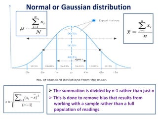 Normal or Gaussian distribution
N
x
N
i
i

=
= 1

n
x
x
n
i
i

=
= 1
➢ The summation is divided by n-1 rather than just n
➢ This is done to remove bias that results from
working with a sample rather than a full
population of readings
=
sigma
 