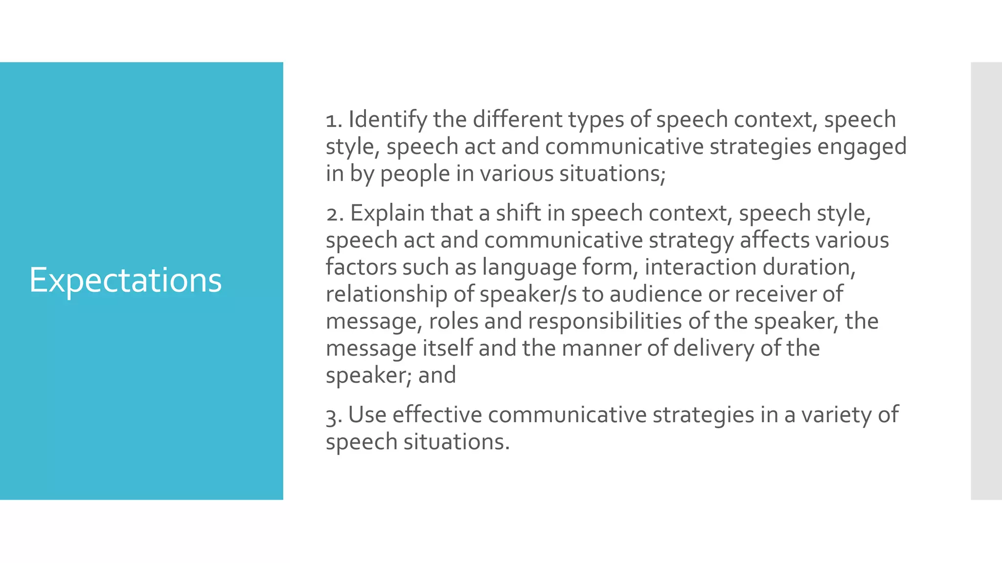 Expectations
1. Identify the different types of speech context, speech
style, speech act and communicative strategies engaged
in by people in various situations;
2. Explain that a shift in speech context, speech style,
speech act and communicative strategy affects various
factors such as language form, interaction duration,
relationship of speaker/s to audience or receiver of
message, roles and responsibilities of the speaker, the
message itself and the manner of delivery of the
speaker; and
3. Use effective communicative strategies in a variety of
speech situations.
 