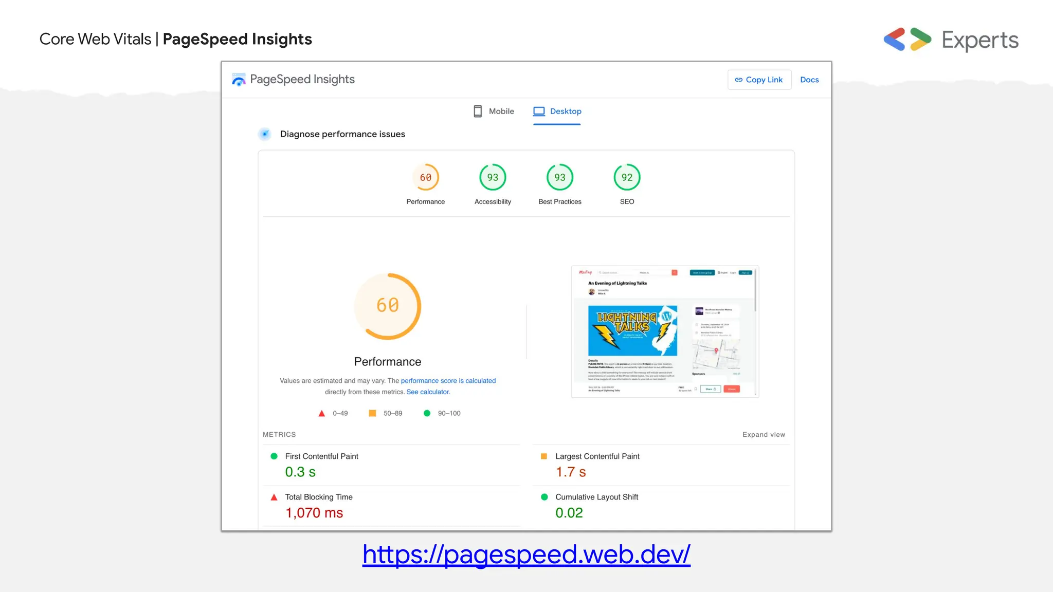 Core Web Vitals | PageSpeed Insights
https://pagespeed.web.dev/
 