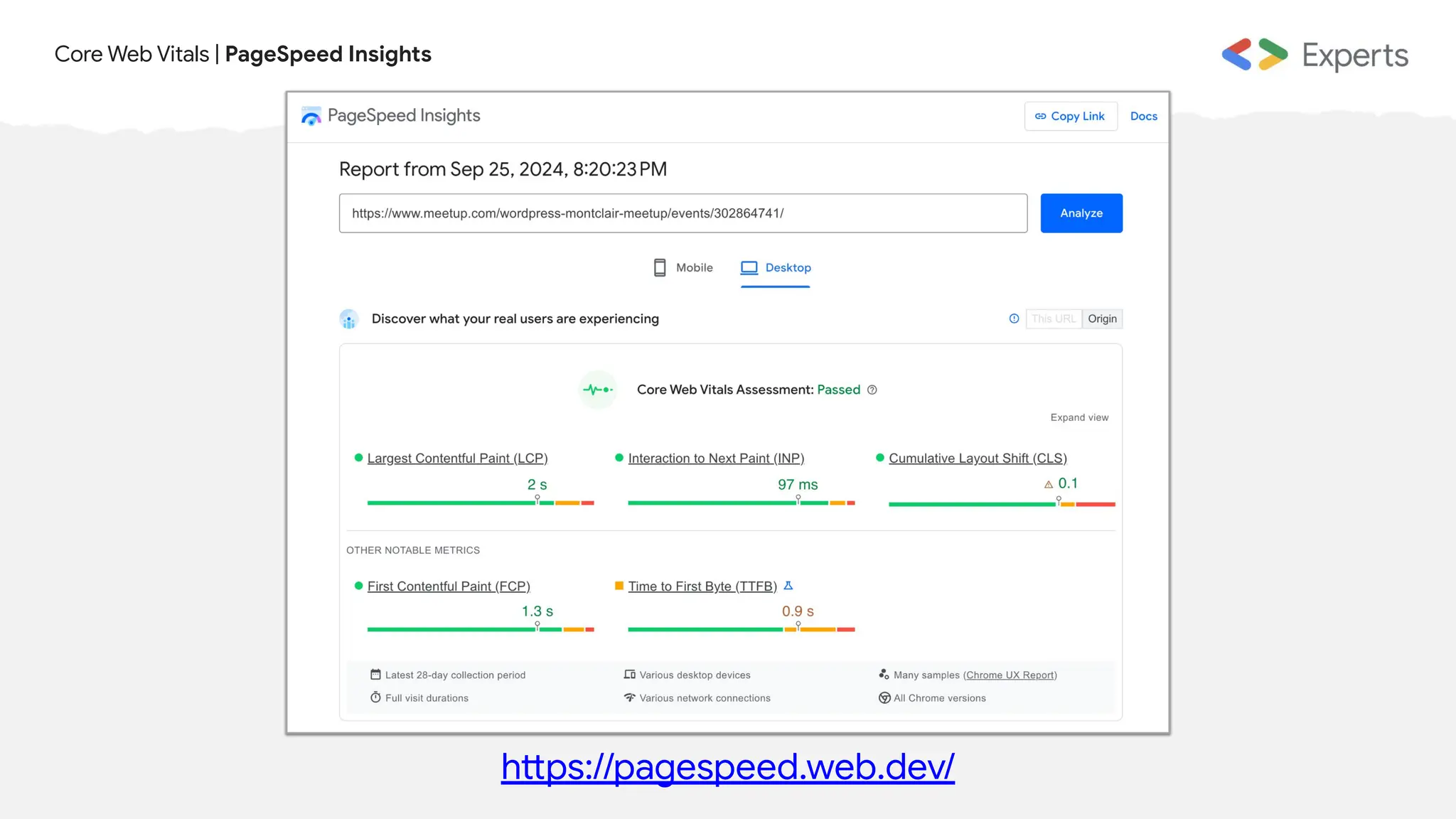 Core Web Vitals | PageSpeed Insights
https://pagespeed.web.dev/
 