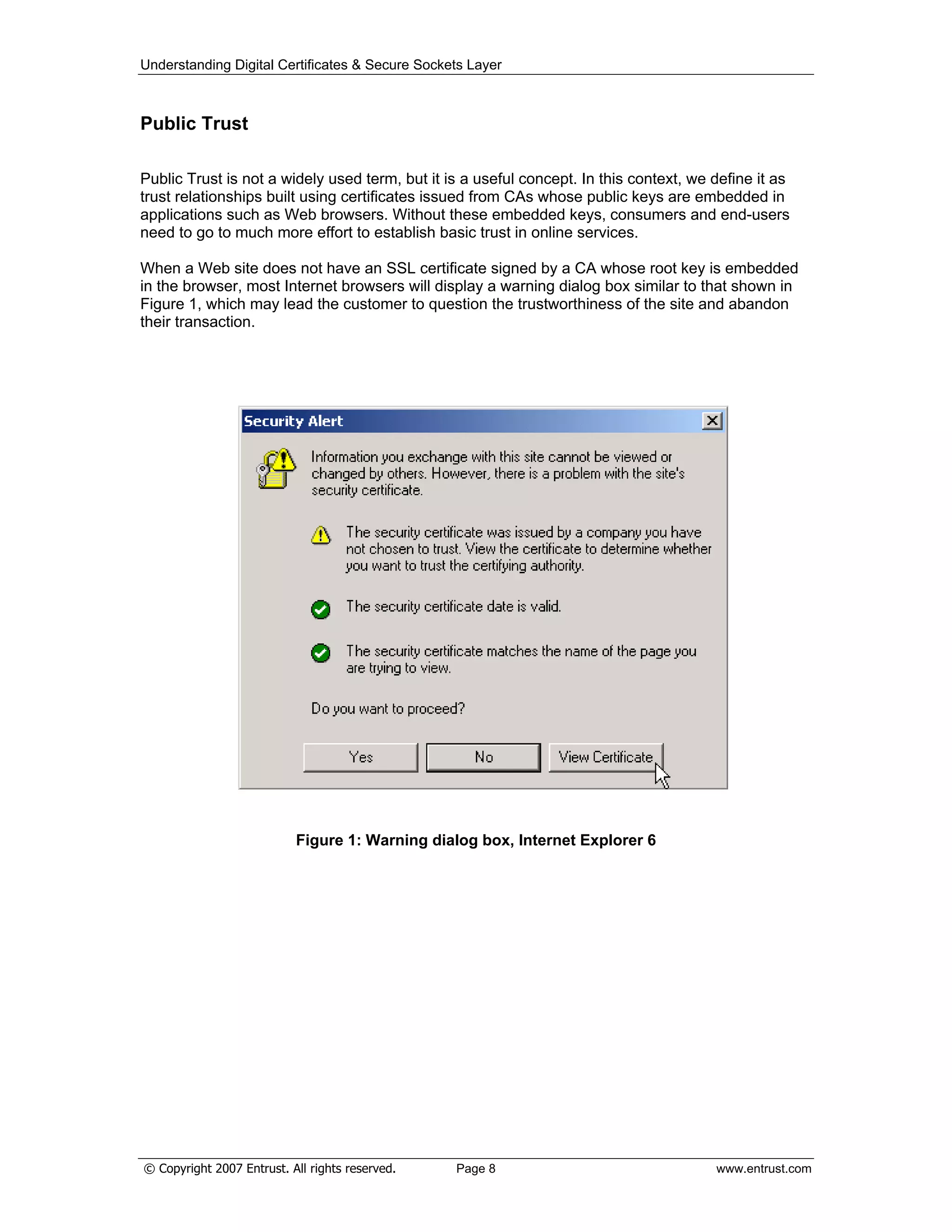 Understanding Digital Certificates & Secure Sockets Layer
Public Trust
Public Trust is not a widely used term, but it is a useful concept. In this context, we define it as
trust relationships built using certificates issued from CAs whose public keys are embedded in
applications such as Web browsers. Without these embedded keys, consumers and end-users
need to go to much more effort to establish basic trust in online services.
When a Web site does not have an SSL certificate signed by a CA whose root key is embedded
in the browser, most Internet browsers will display a warning dialog box similar to that shown in
Figure 1, which may lead the customer to question the trustworthiness of the site and abandon
their transaction.
Figure 1: Warning dialog box, Internet Explorer 6
© Copyright 2007 Entrust. All rights reserved. Page 8 www.entrust.com
 