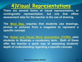 4)Visual Representations
There are several forms of visual representation, or
nonlinguistic representation, but one that offers
assessment data for the teacher is the use of drawing.

The Mind Map requires that students use drawings,
photos or pictures from a magazine to represent a
specific concept.

The Verbal and Visual Word Association (VVWA) asks
students to illustrate a vocabulary term. Both of these
offer the teacher a quick way of assessing students’
depth of understanding regarding a specific concept.



              Presented by:Sapna Sankhla             18
 