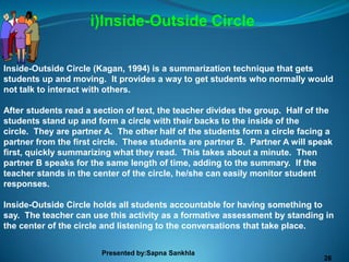 i)Inside-Outside Circle

Inside-Outside Circle (Kagan, 1994) is a summarization technique that gets
students up and moving. It provides a way to get students who normally would
not talk to interact with others.

After students read a section of text, the teacher divides the group. Half of the
students stand up and form a circle with their backs to the inside of the
circle. They are partner A. The other half of the students form a circle facing a
partner from the first circle. These students are partner B. Partner A will speak
first, quickly summarizing what they read. This takes about a minute. Then
partner B speaks for the same length of time, adding to the summary. If the
teacher stands in the center of the circle, he/she can easily monitor student
responses.

Inside-Outside Circle holds all students accountable for having something to
say. The teacher can use this activity as a formative assessment by standing in
the center of the circle and listening to the conversations that take place.


                        Presented by:Sapna Sankhla
                                                                              26
 