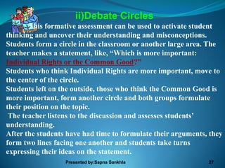 ii)Debate Circles
       This formative assessment can be used to activate student
thinking and uncover their understanding and misconceptions.
Students form a circle in the classroom or another large area. The
teacher makes a statement, like, “Which is more important:
Individual Rights or the Common Good?”
Students who think Individual Rights are more important, move to
the center of the circle.
Students left on the outside, those who think the Common Good is
more important, form another circle and both groups formulate
their position on the topic.
 The teacher listens to the discussion and assesses students’
understanding.
After the students have had time to formulate their arguments, they
form two lines facing one another and students take turns
expressing their ideas on the statement.
                  Presented by:Sapna Sankhla                  27
 