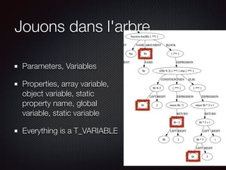 Jouons dans l'arbre
Parameters, Variables
Properties, array variable,
object variable, static
property name, global
variable, static variable
Everything is a T_VARIABLE
 