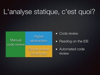 Code review
Reading on the IDE
Automated code
review
L'analyse statique, c'est quoi?
Manual
code review
Higher
abstraction
Simple review
Systématic
 