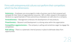 Firms with entrepreneurial cultures out-perform their competitors 
which has five dimensions: 
Autonomy – Employees are en...