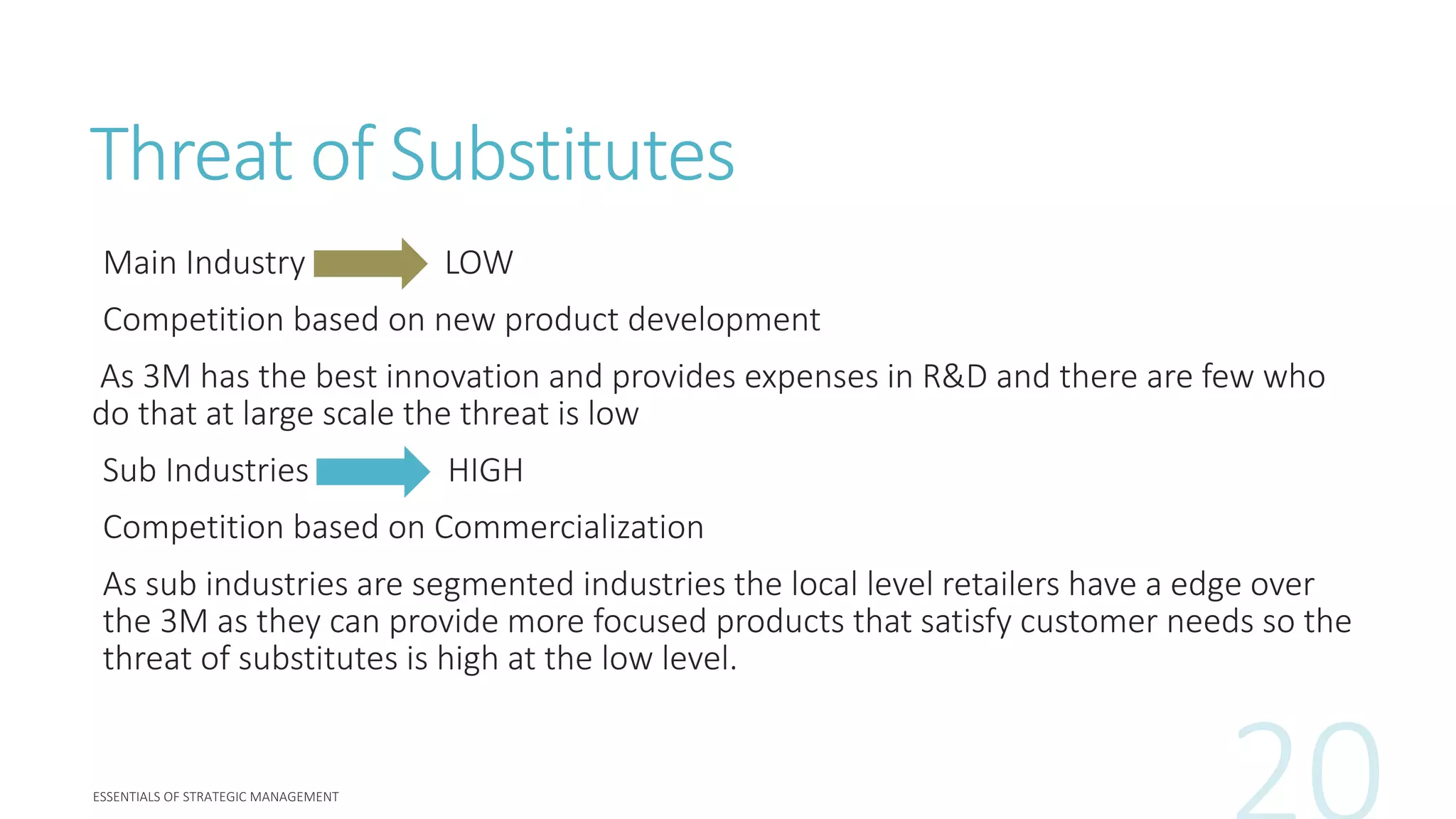 Threat of Substitutes
Main Industry LOW
Competition based on new product development
As 3M has the best innovation and provides expenses in R&D and there are few who
do that at large scale the threat is low
Sub Industries HIGH
Competition based on Commercialization
As sub industries are segmented industries the local level retailers have a edge over
the 3M as they can provide more focused products that satisfy customer needs so the
threat of substitutes is high at the low level.
 